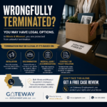 Professional legal graphic reading “Wrongfully Terminated?” with a person holding a box of office items after being fired. Includes key reasons termination may be illegal—retaliation, discrimination, medical leave or accommodations, and contract or policy violations—highlighting protections in Illinois and Missouri, with a call to get a free case review from Gateway Employment Law.