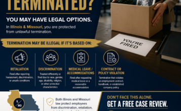 Professional legal graphic reading “Wrongfully Terminated?” with a person holding a box of office items after being fired. Includes key reasons termination may be illegal—retaliation, discrimination, medical leave or accommodations, and contract or policy violations—highlighting protections in Illinois and Missouri, with a call to get a free case review from Gateway Employment Law.