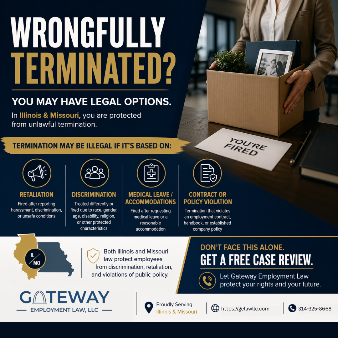 Professional legal graphic reading “Wrongfully Terminated?” with a person holding a box of office items after being fired. Includes key reasons termination may be illegal—retaliation, discrimination, medical leave or accommodations, and contract or policy violations—highlighting protections in Illinois and Missouri, with a call to get a free case review from Gateway Employment Law.