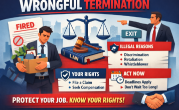 Wrongful termination illustration showing an employee being dismissed unfairly, representing workplace rights violations and legal protection against unlawful firing in Illinois and Missouri.