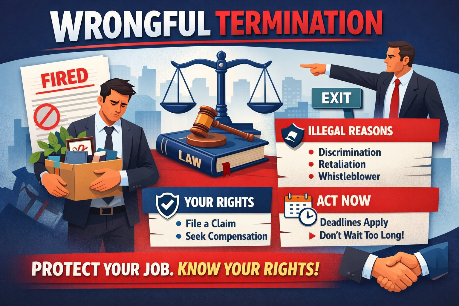 Wrongful termination illustration showing an employee being dismissed unfairly, representing workplace rights violations and legal protection against unlawful firing in Illinois and Missouri.