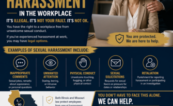 Graphic of a female employee being rubbed on the shoulder by her manager. This graphic depicts Sexual Harassment in the Workplace and encougarges viewers to Contact Gateway Employment Law.
