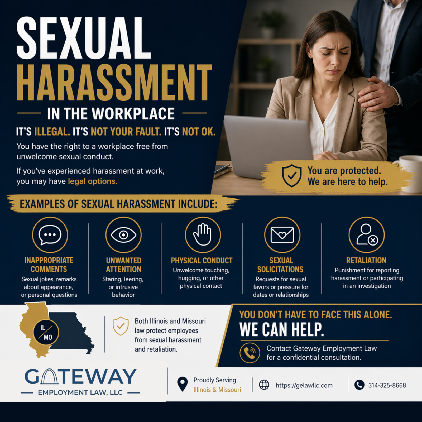 Graphic of a female employee being rubbed on the shoulder by her manager. This graphic depicts Sexual Harassment in the Workplace and encougarges viewers to Contact Gateway Employment Law.